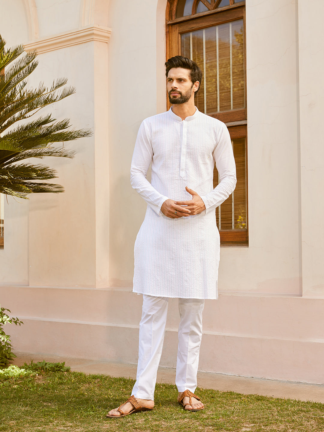 Men White Cotton Pintex Design Multi Thared Work Kurta