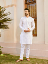 Men White Cotton Pintex Design Multi Thared Work Kurta