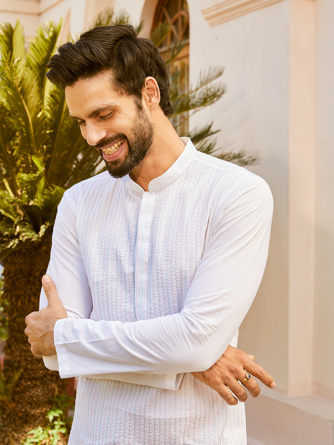 Men White Cotton Pintex Design Multi Thared Work Kurta