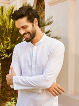 Men White Cotton Pintex Design Multi Thared Work Kurta