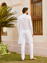 Men White Cotton Pintex Design Multi Thared Work Kurta