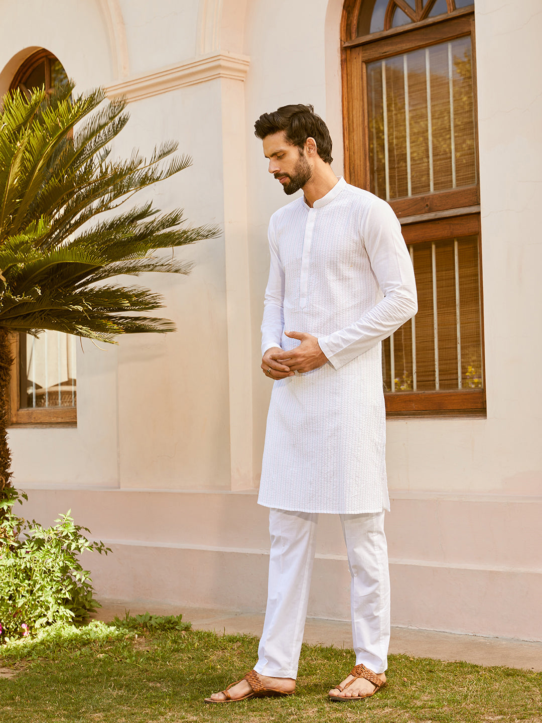 Men White Cotton Pintex Design Multi Thared Work Kurta
