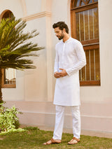 Men White Cotton Pintex Design Multi Thared Work Kurta