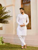 Men White Cotton Pintex Design Multi Thared Work Kurta