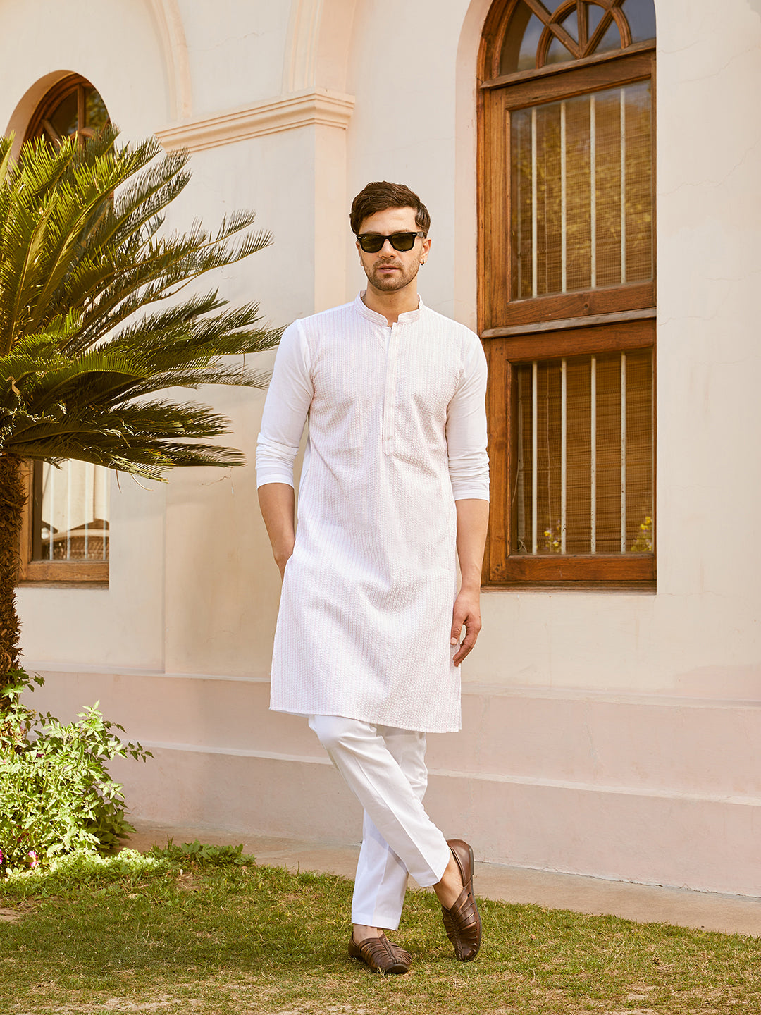 Men White Cotton Pintex Design Pink Thread Work & Sequence Kurta With Pyjama