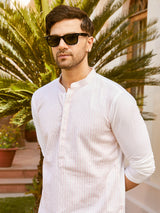 Men White Cotton Pintex Design Pink Thread Work & Sequence Kurta With Pyjama