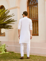 Men White Cotton Pintex Design Pink Thread Work & Sequence Kurta With Pyjama