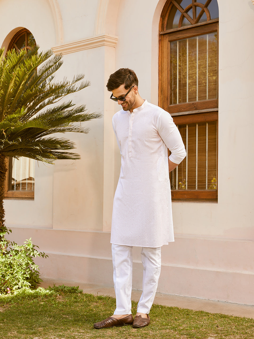 Men White Cotton Pintex Design Pink Thread Work & Sequence Kurta With Pyjama