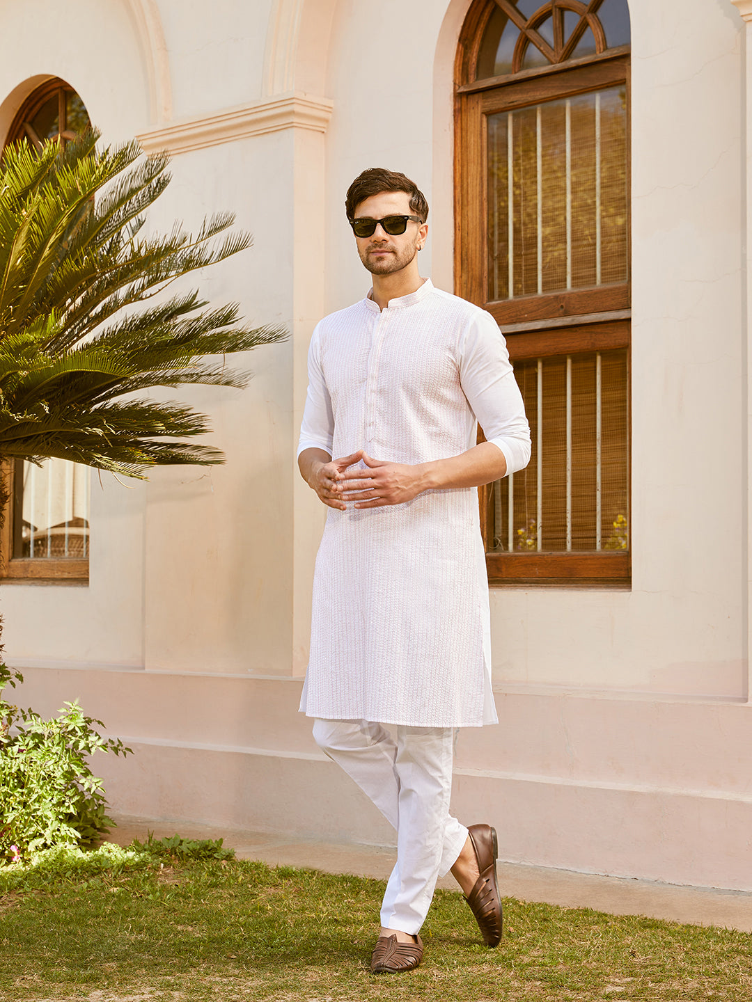 Men White Cotton Pintex Design Pink Thread Work & Sequence Kurta With Pyjama