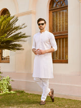 Men White Cotton Pintex Design Pink Thread Work & Sequence Kurta With Pyjama