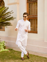 Men White Cotton Pintex Design Pink Thared Work & Sequence Kurta