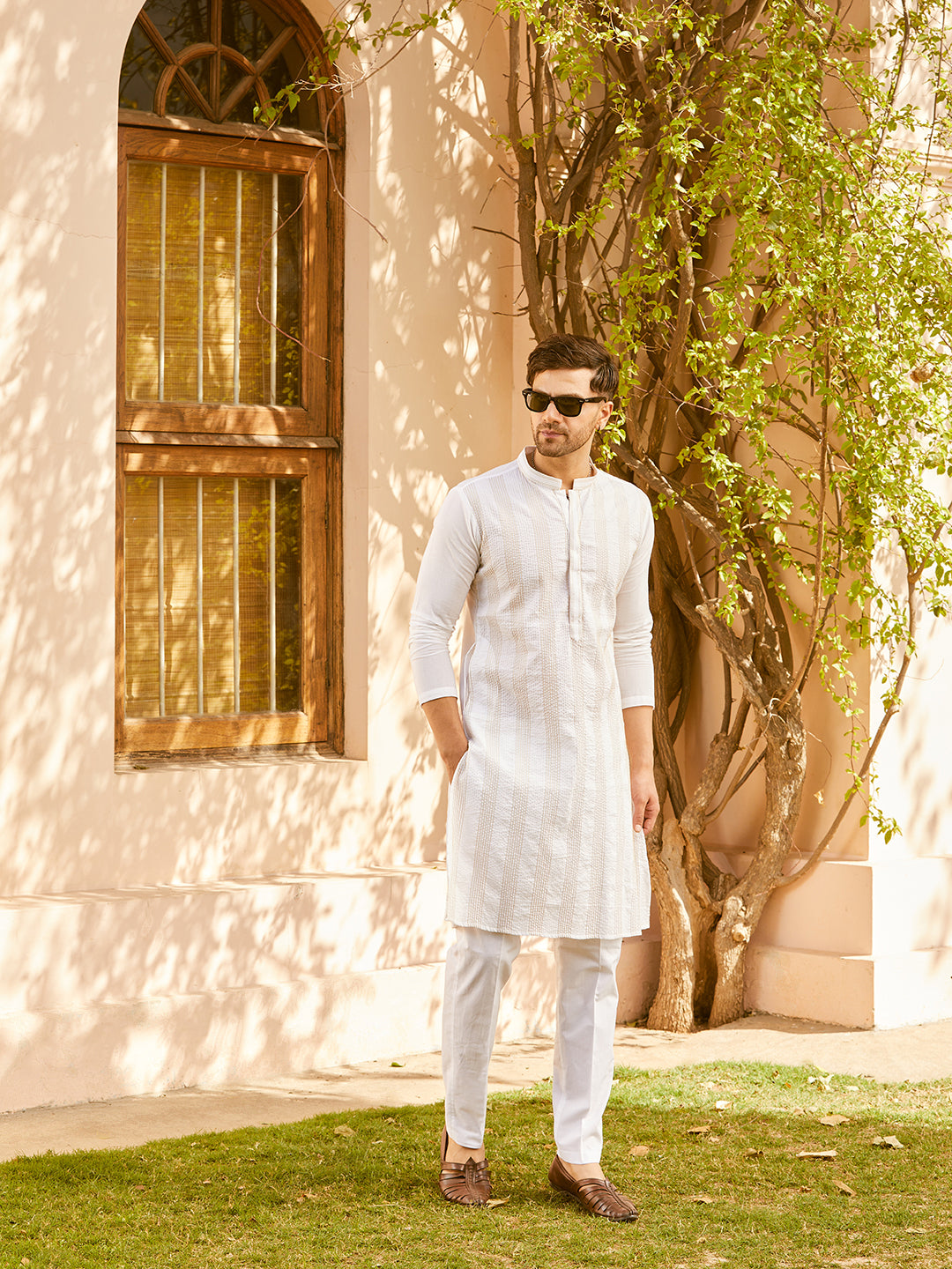 Men White Cotton Pintex Design Gold Thread Work Kurta With Pyjama