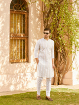Men White Cotton Pintex Design Gold Thread Work Kurta With Pyjama