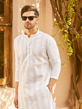 Men White Cotton Pintex Design Gold Thared Work Kurta