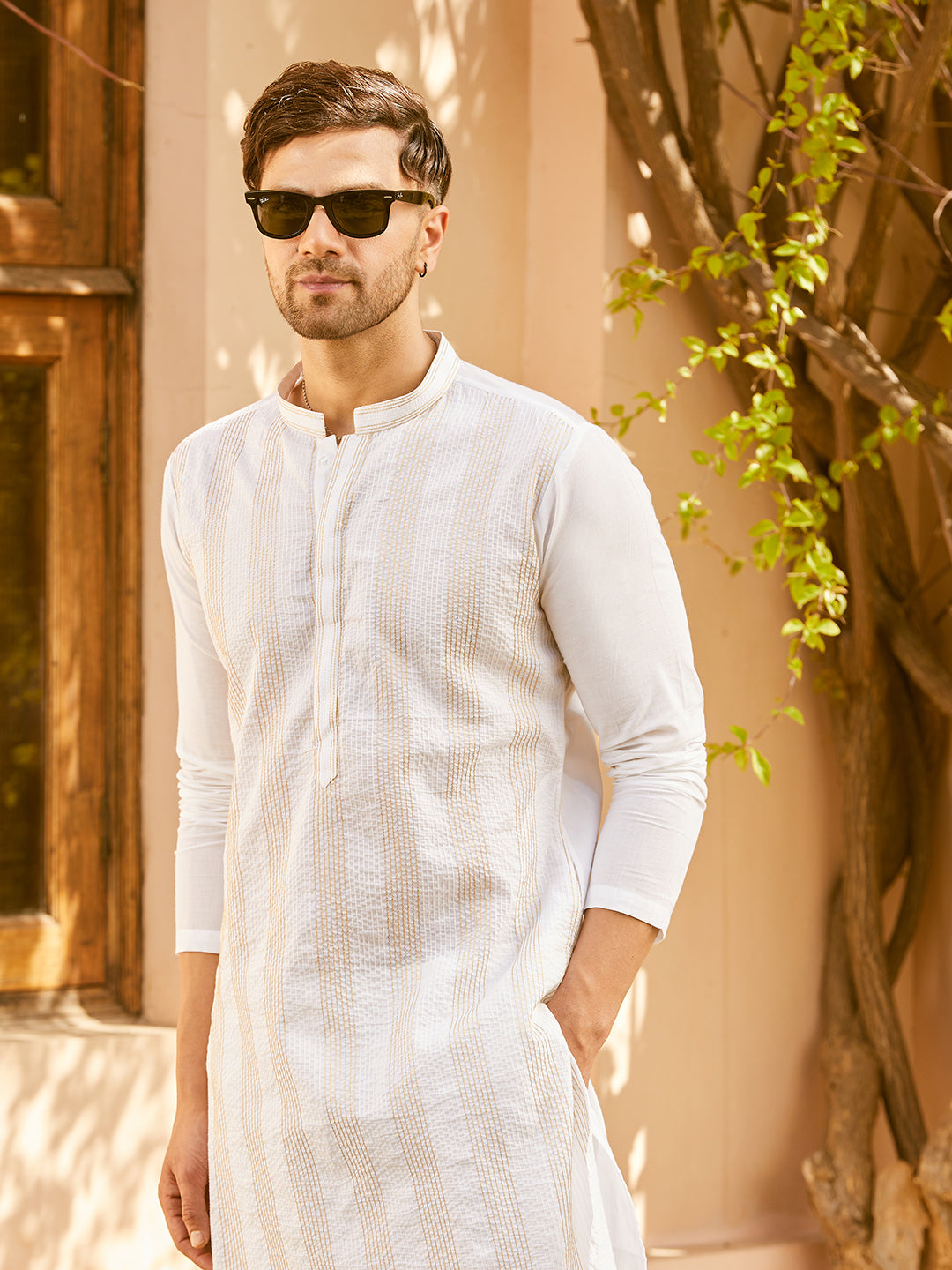 Men White Cotton Pintex Design Gold Thread Work Kurta With Pyjama