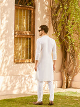 Men White Cotton Pintex Design Gold Thread Work Kurta With Pyjama
