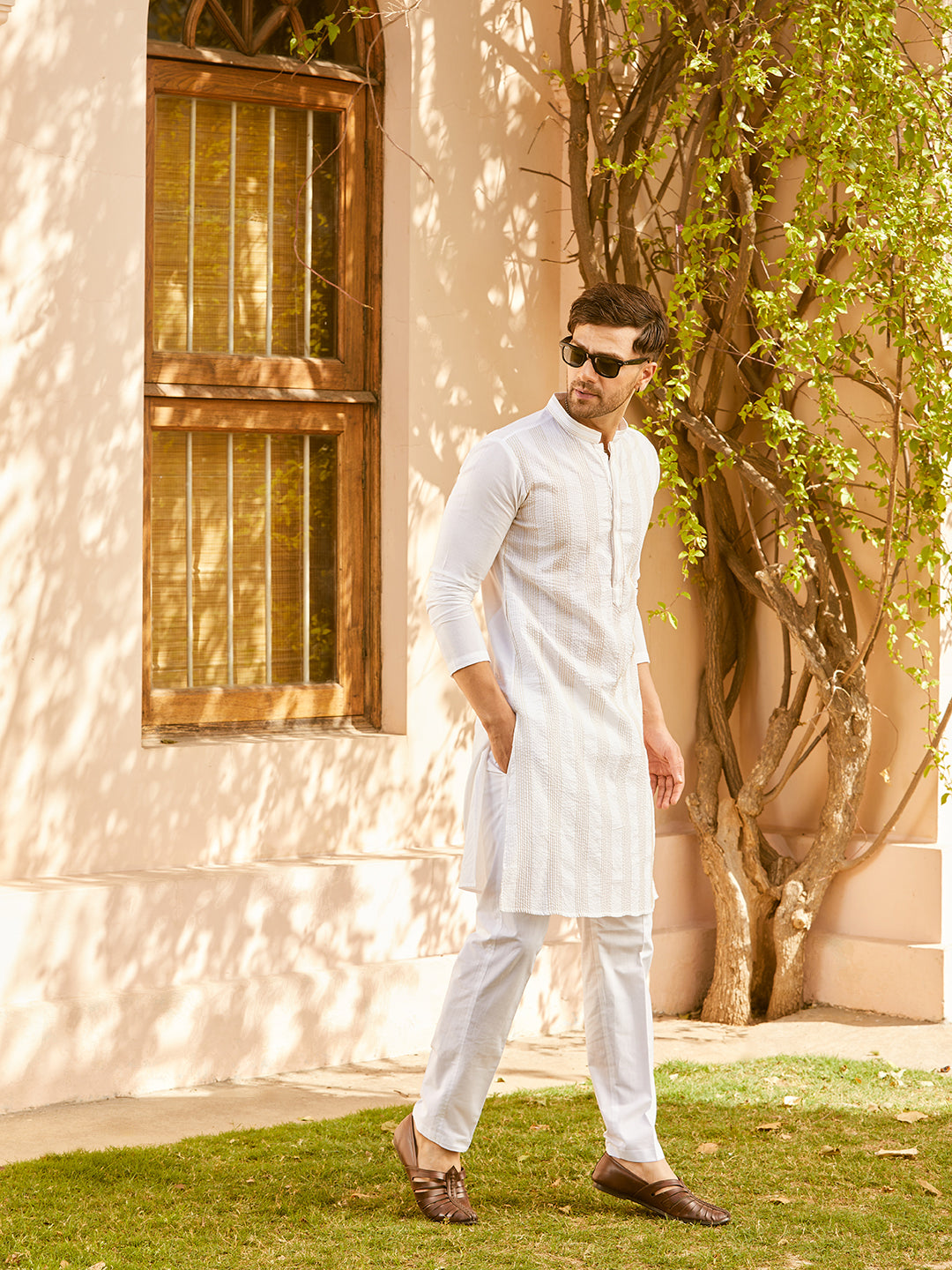 Men White Cotton Pintex Design Gold Thared Work Kurta