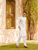 Men White Cotton Pintex Design Gold Thread Work Kurta With Pyjama