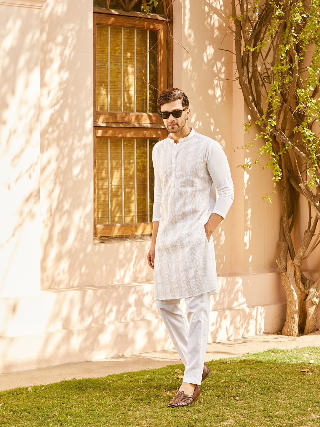 Men White Cotton Pintex Design Gold Thared Work Kurta