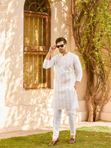 Men White Cotton Pintex Design Gold Thared Work Kurta