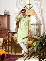 Men Green And White Embroidered Cotton Kurta With Pyjama
