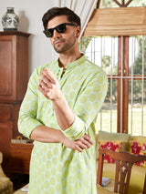 Men Green And White Embroidered Cotton Kurta With Pyjama