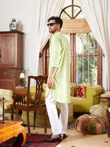 Men Green And White Embroidered Cotton Kurta With Pyjama