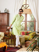 Men Green And White Embroidered Cotton Kurta With Pyjama