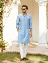 Men Turquoise Blue Chanderi Silk Sequins Cotton Kurta With Pyjama