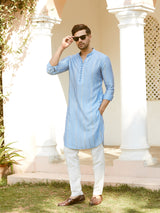 Men Turquoise Blue Chanderi Silk Sequins Cotton Kurta With Pyjama