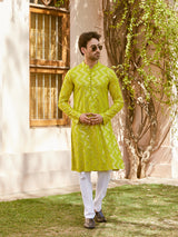 Men Lime Green Sequins Woven Designs Kurta With Pyjama