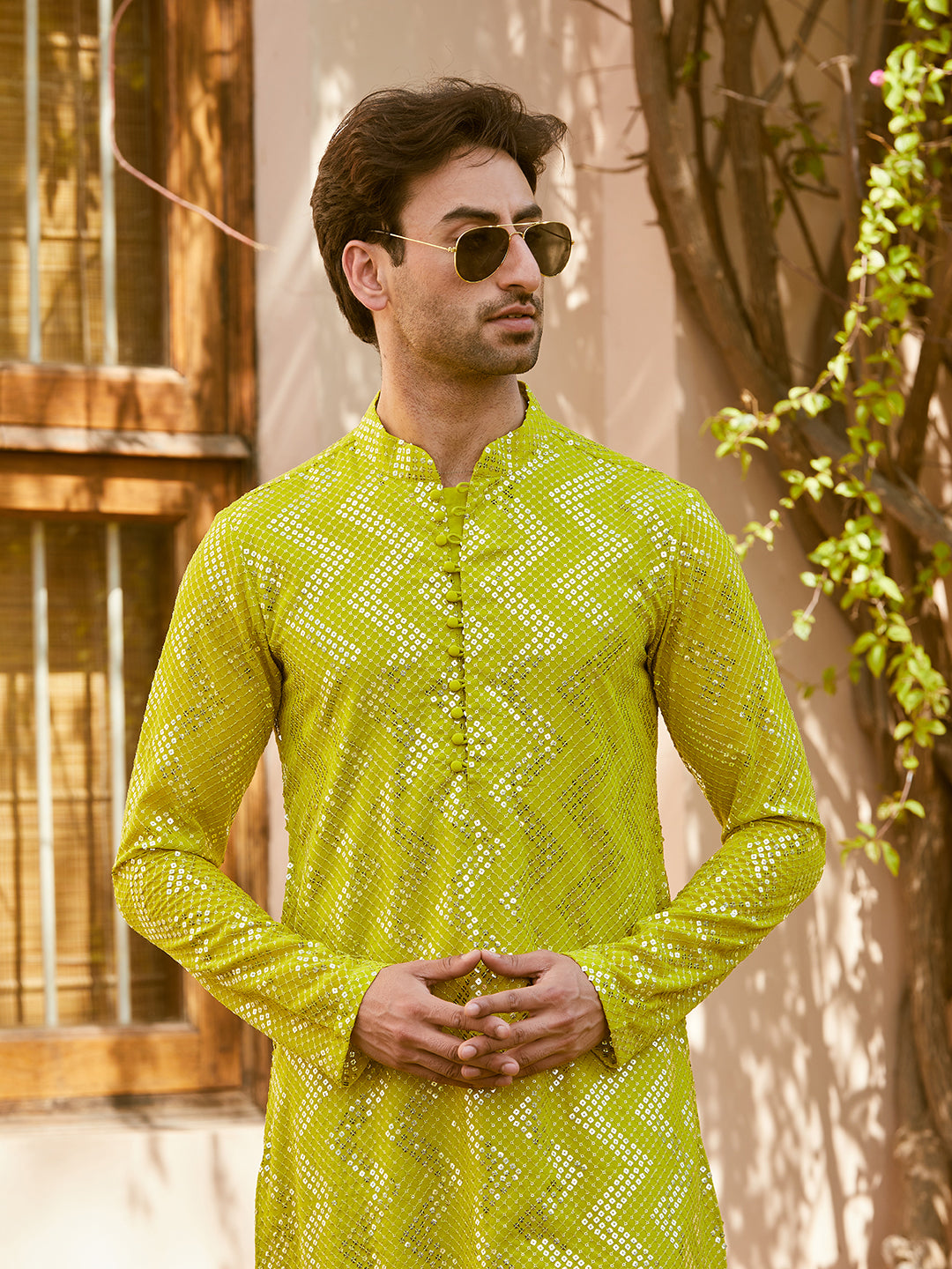 Men Lime Green Sequins Woven Designs Kurta With Pyjama