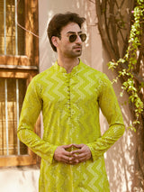 Men Lime Green Sequins Woven Designs Kurta With Pyjama