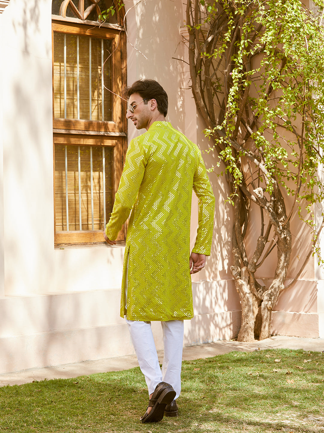 Men Lime Green Sequins Woven Designs Kurta With Pyjama