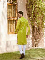 Men Lime Green Sequins Woven Designs Kurta With Pyjama