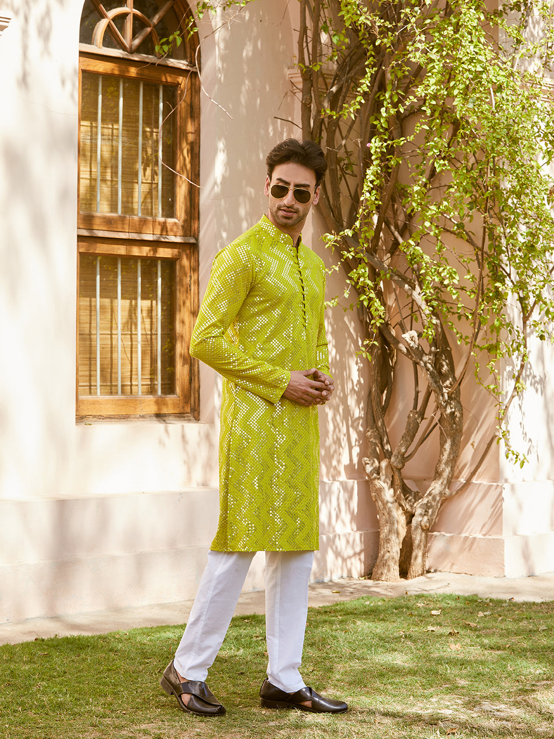 Men Lime Green Sequins Woven Designs Kurta With Pyjama