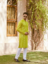 Men Lime Green Sequins Woven Designs Kurta With Pyjama