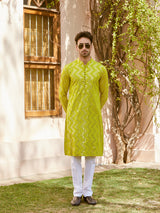 Men Lime Green Sequins Woven Designs Kurta With Pyjama