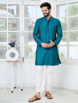Teal Embroidered Thread Work Sequin Chanderi Silk Straight Kurta