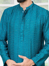 Teal Embroidered Thread Work Sequin Chanderi Silk Straight Kurta