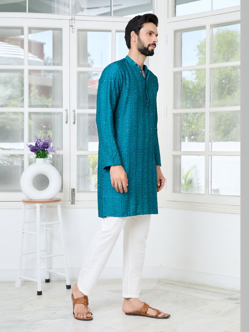 Teal Embroidered Thread Work Sequin Chanderi Silk Straight Kurta