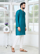 Teal Embroidered Thread Work Sequin Chanderi Silk Straight Kurta