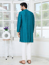 Teal Embroidered Thread Work Sequin Chanderi Silk Straight Kurta