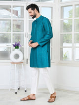 Teal Embroidered Thread Work Sequin Chanderi Silk Straight Kurta