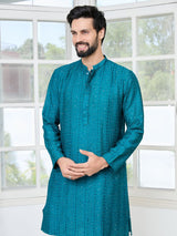 Teal Embroidered Thread Work Sequin Chanderi Silk Straight Kurta