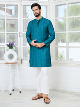Teal Embroidered Thread Work Sequin Chanderi Silk Straight Kurta