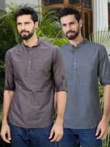 Men Pack Of 2 Brown & Grey Deluxe Cotton Solid Short Kurta