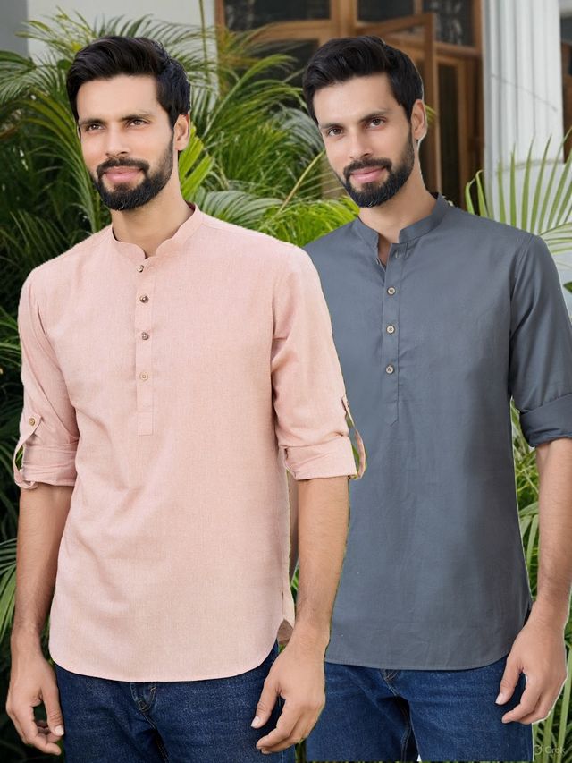 Men Pack Of 2 Brown & Grey Cotton Solid Short Kurta