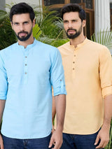 Men Pack Of 2 Turquoise Blue & Peach Cotton Solid Short Kurta