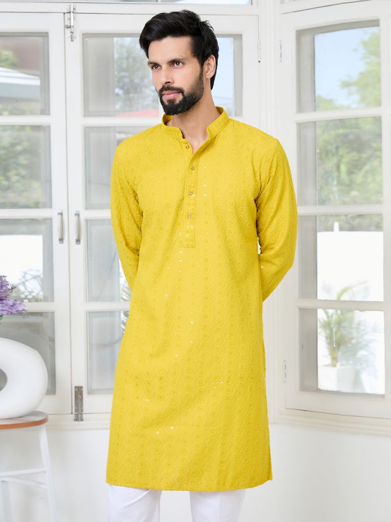 Yellow Embroidered Rayon Straight Kurta